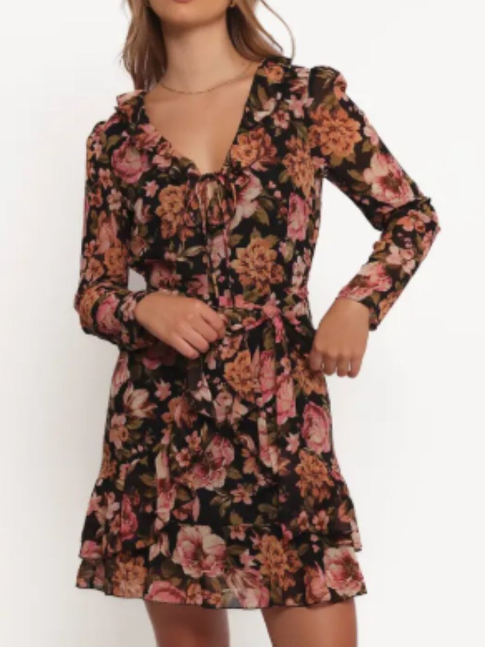 Petal & Pup Alyssia Long Sleeve Floral Ruffle Minidress Small Romantic V Neck